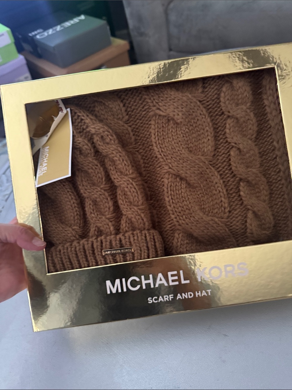 Michael Kors Brown Cable Knit Scarf and Beanie Gift Set
